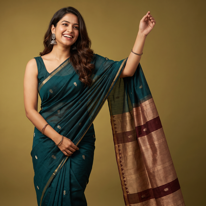 Women's Traditional Chanderi Cotton Linen Blend Saree with Zari Woven Border & Unstitched Blouse Piece.