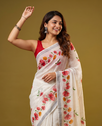 Women's Cotton Linen Blend Floral Printed Saree with Silver Zari Border & Unstitched Blouse Piece.