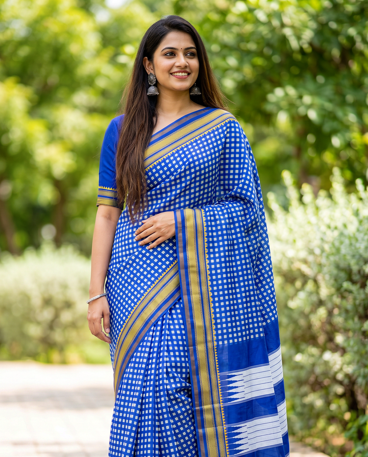 Women's Synthetic Silk Blend Checked Saree with Contrast Border & Unstitched Blouse Piece.