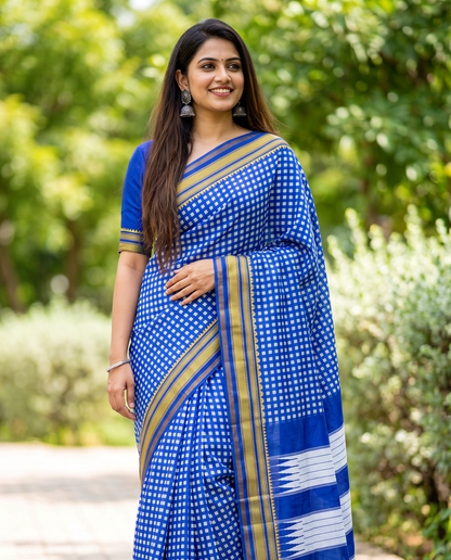 Women's Synthetic Silk Blend Checked Saree with Contrast Border & Unstitched Blouse Piece.