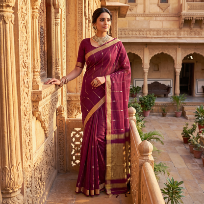 Women's Zari Maheshswari Cotton Blend Zari Woven Saree with Unstitched Blouse Piece.