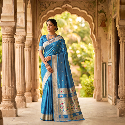 Banarasi Soft Silk Saree Festive Woven Jacquard Zari Border Sarees with Unstitched Blouse Piece.