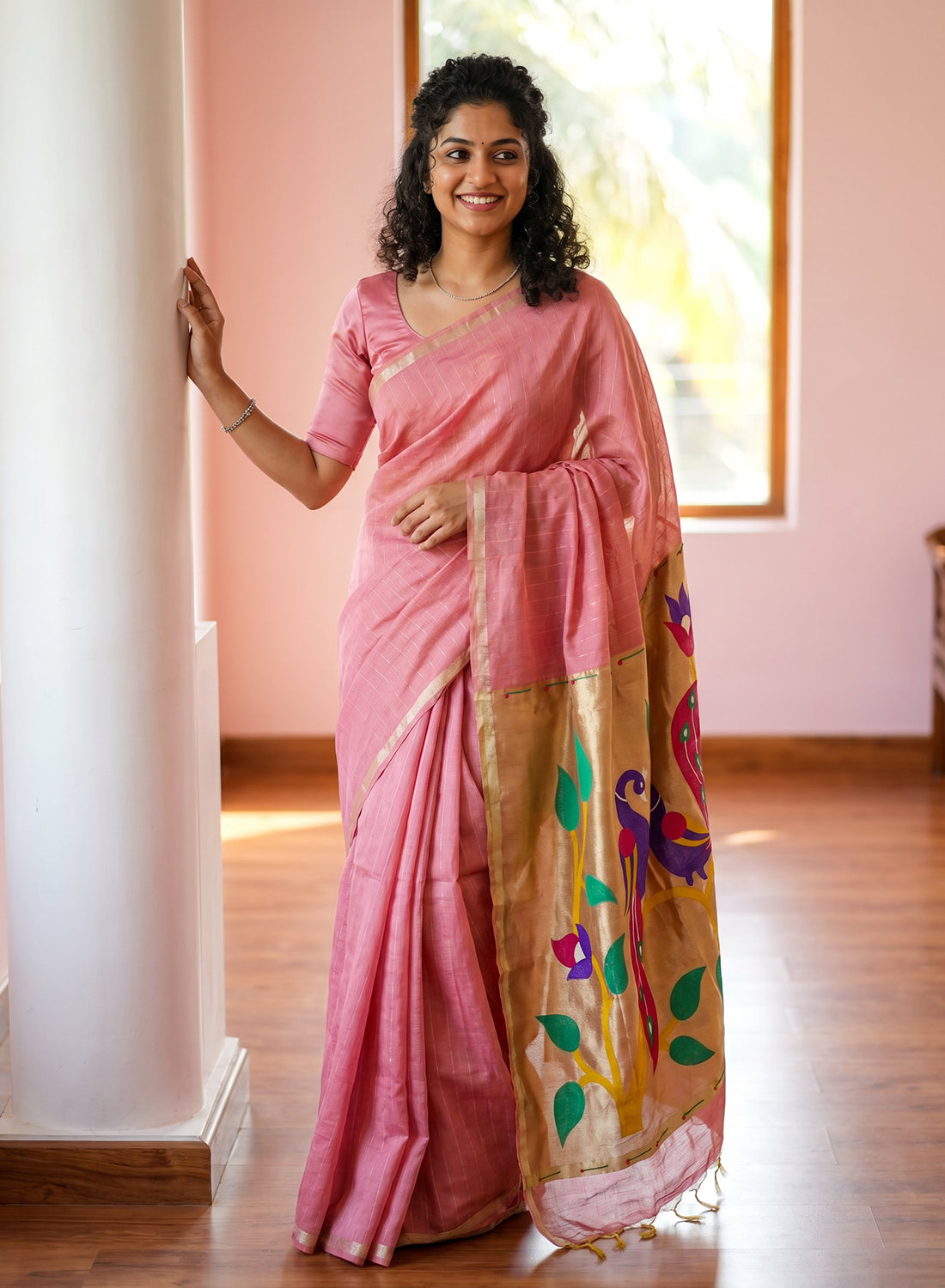 Women's Paithani Style Woven Linen Cotton Saree with Unstitched Blouse Piece.