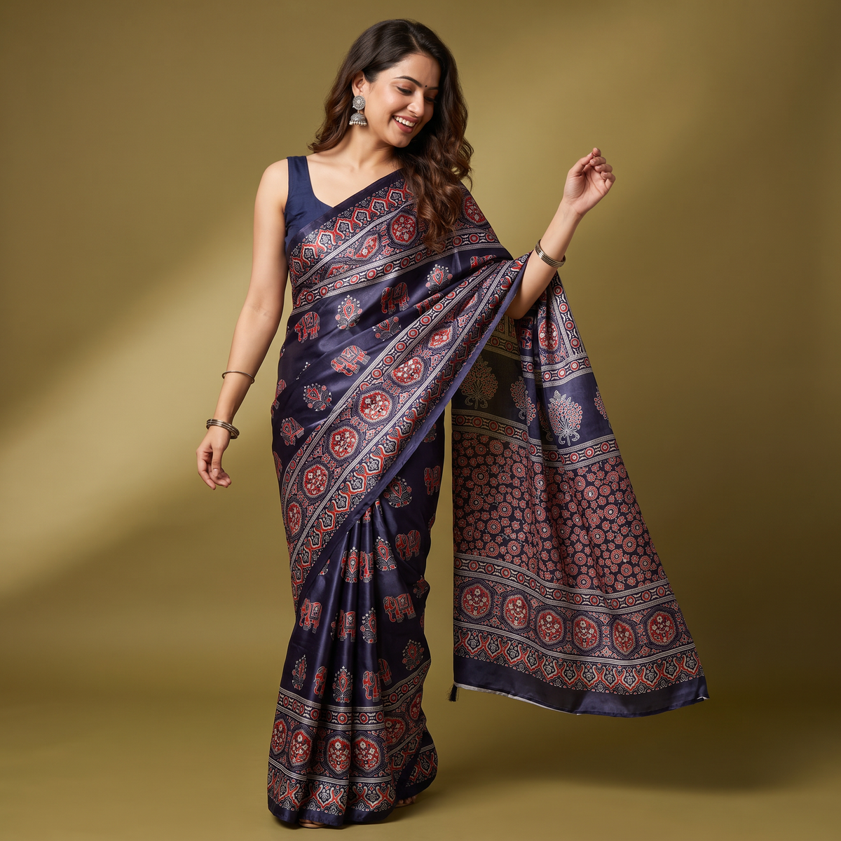 Shri Hari Sarees Women's Ethnic Ajrakh Mirror Printed Art Silk Saree with Unstitched Blouse Piece.