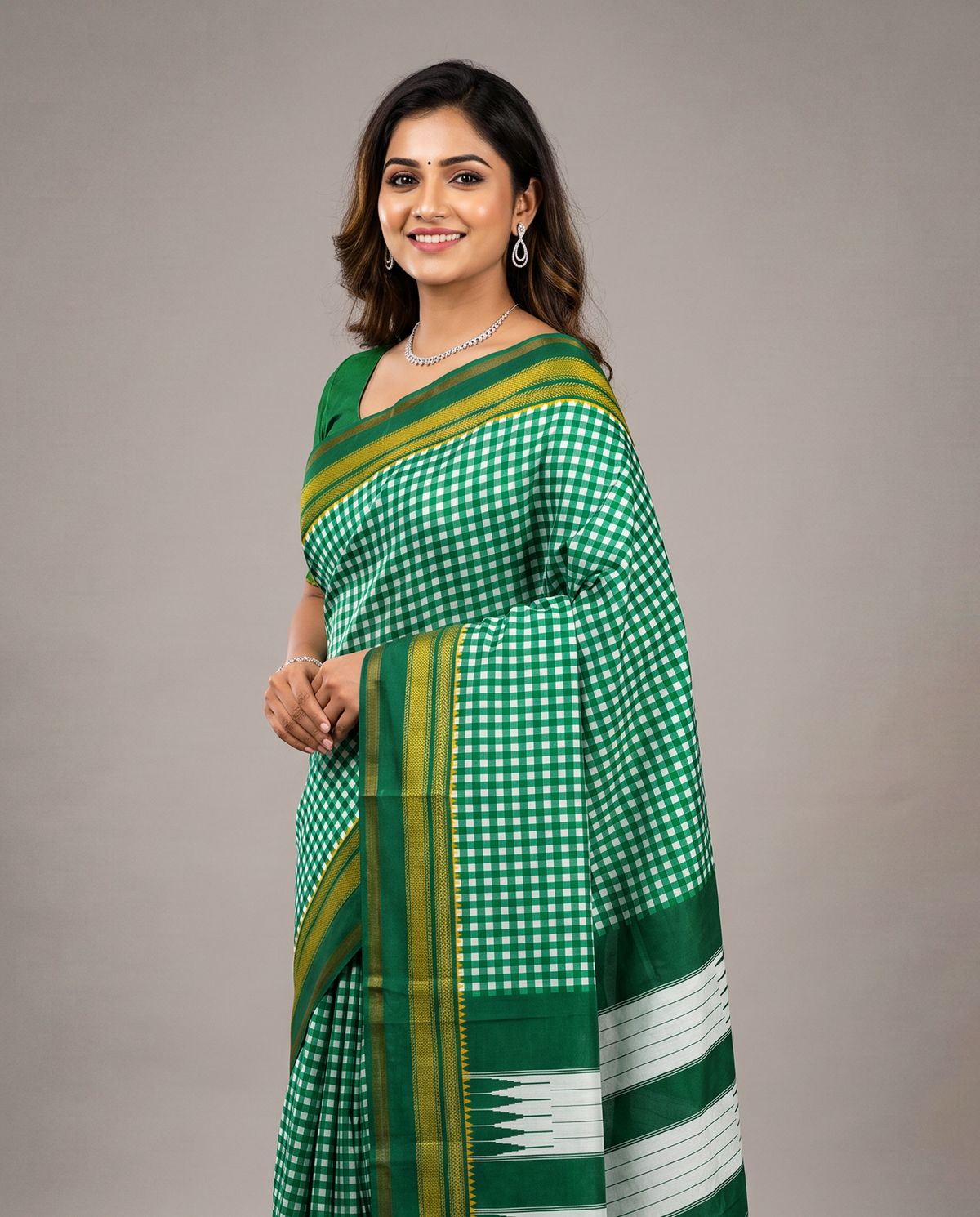 Women's Synthetic Silk Blend Checked Saree with Contrast Border & Unstitched Blouse Piece.