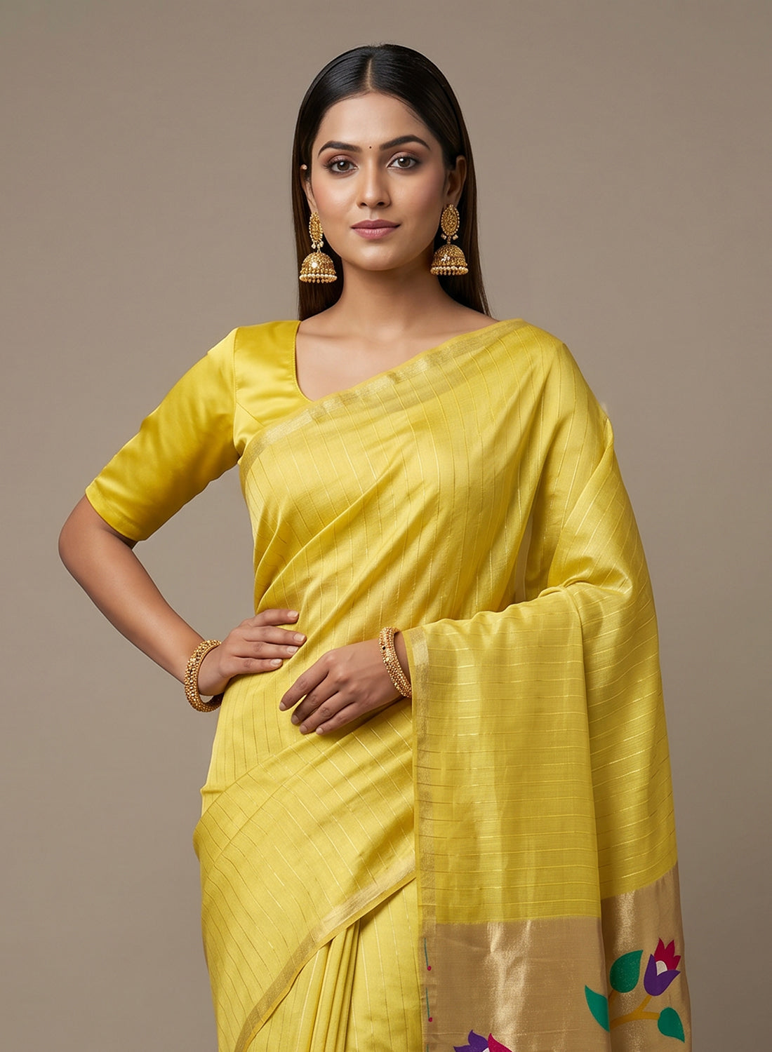 Women's Paithani Style Woven Linen Cotton Saree with Unstitched Blouse Piece.
