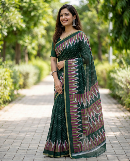 Women's Cotton Blend Ikat Print Saree with Unstitched Blouse Piece.