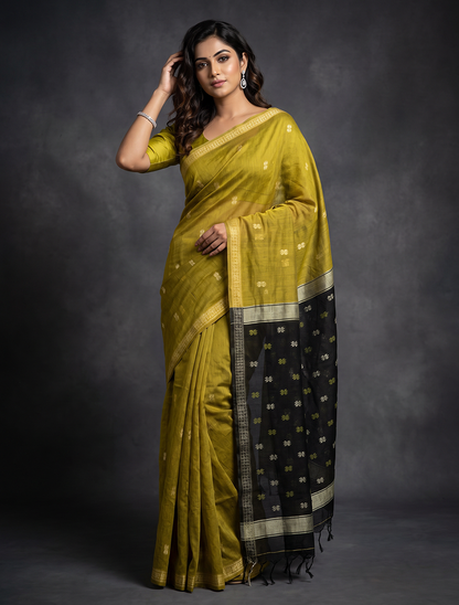 Women's Maheshwari Cotton Blend Woven Zari Saree with Unstitched Blouse Piece.