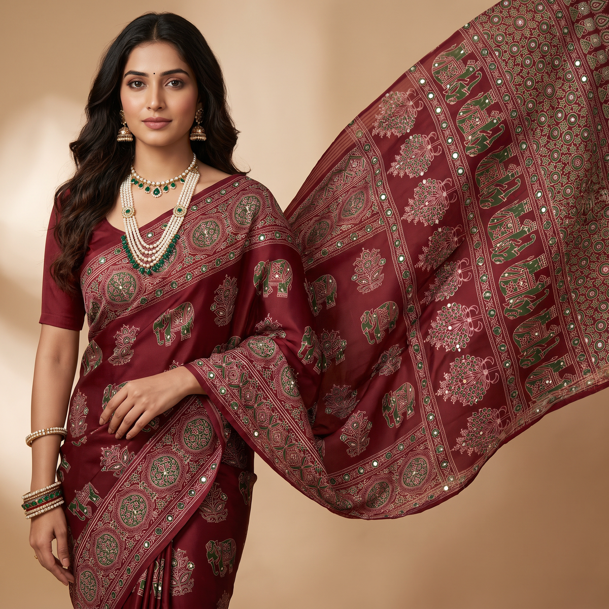 Shri Hari Sarees Women's Ethnic Ajrakh Mirror Printed Art Silk Saree with Unstitched Blouse Piece.