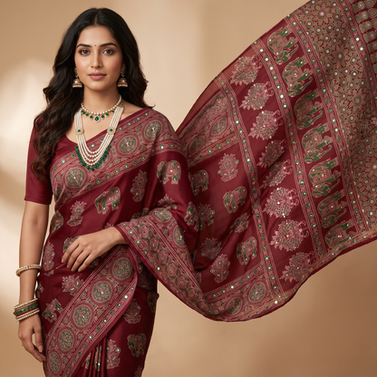 Shri Hari Sarees Women's Ethnic Ajrakh Mirror Printed Art Silk Saree with Unstitched Blouse Piece.