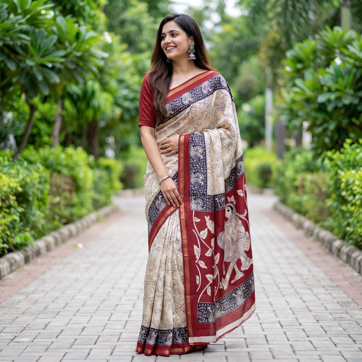Women's Cream and Maroon Cotton Saree with Traditional Print.