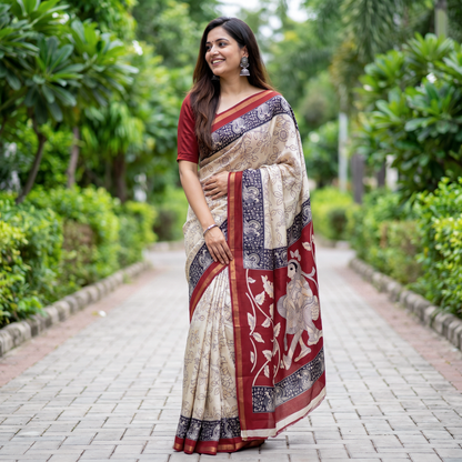 Women's Cream and Maroon Cotton Saree with Traditional Print.
