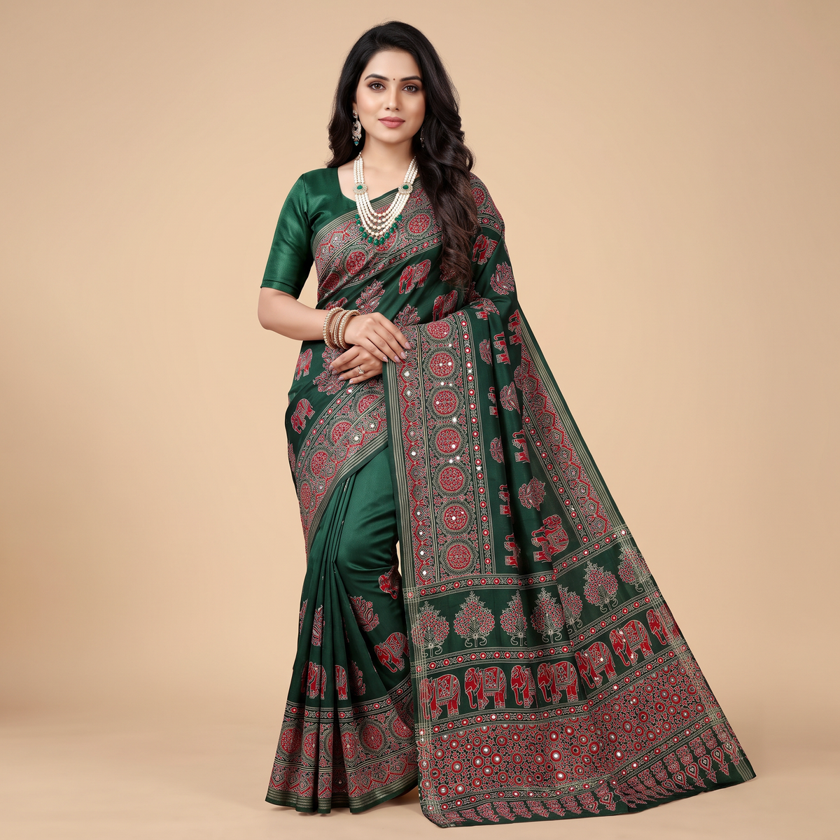 Shri Hari Sarees Women's Ethnic Ajrakh Mirror Printed Art Silk Saree with Unstitched Blouse Piece.