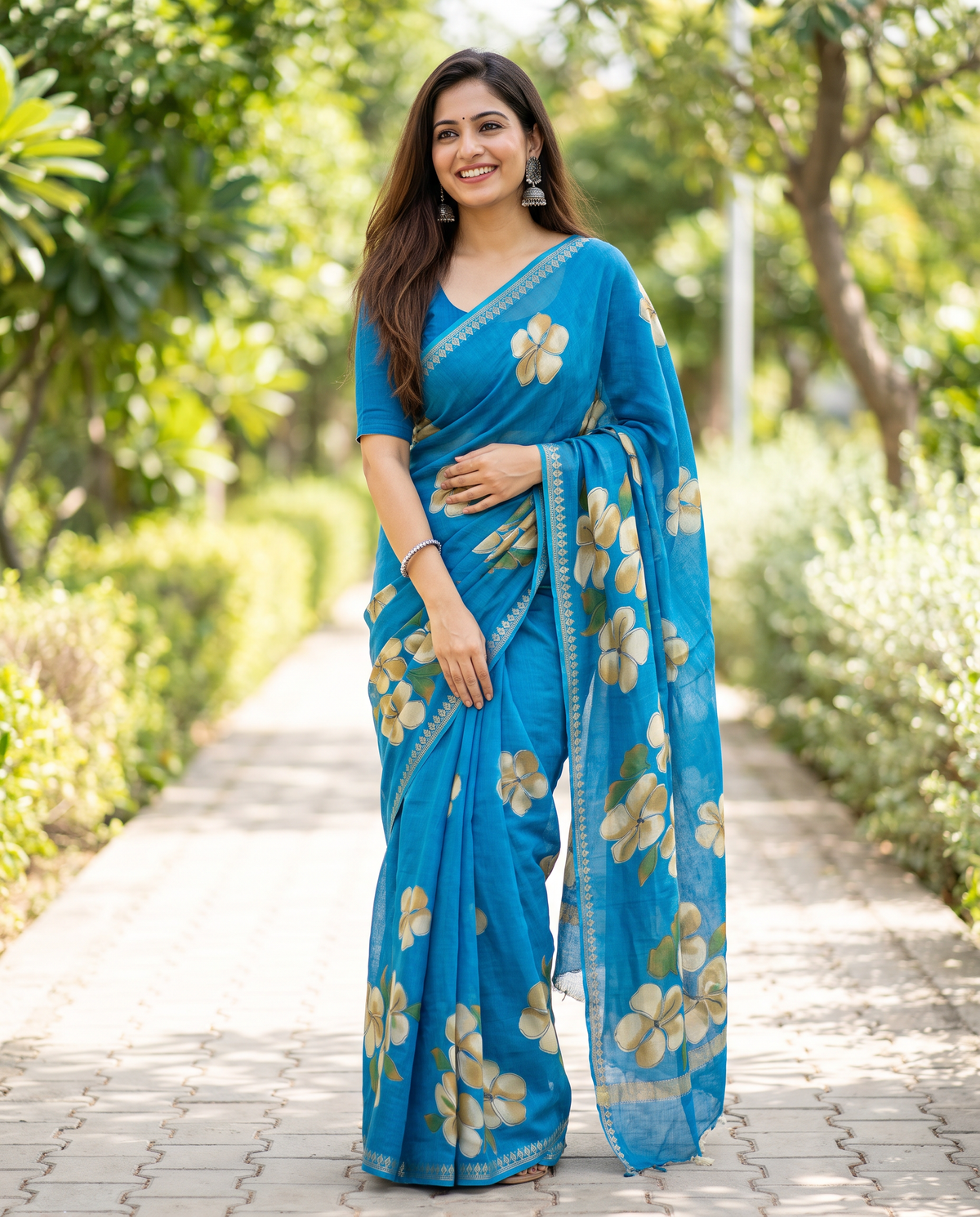 Women's Floral Hand Printed Dull Moss Saree with Unstitched Blouse Piece.