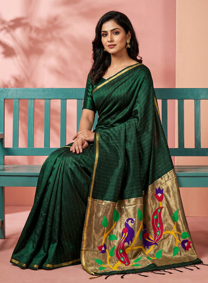 Women's Paithani Style Woven Linen Cotton Saree with Unstitched Blouse Piece.