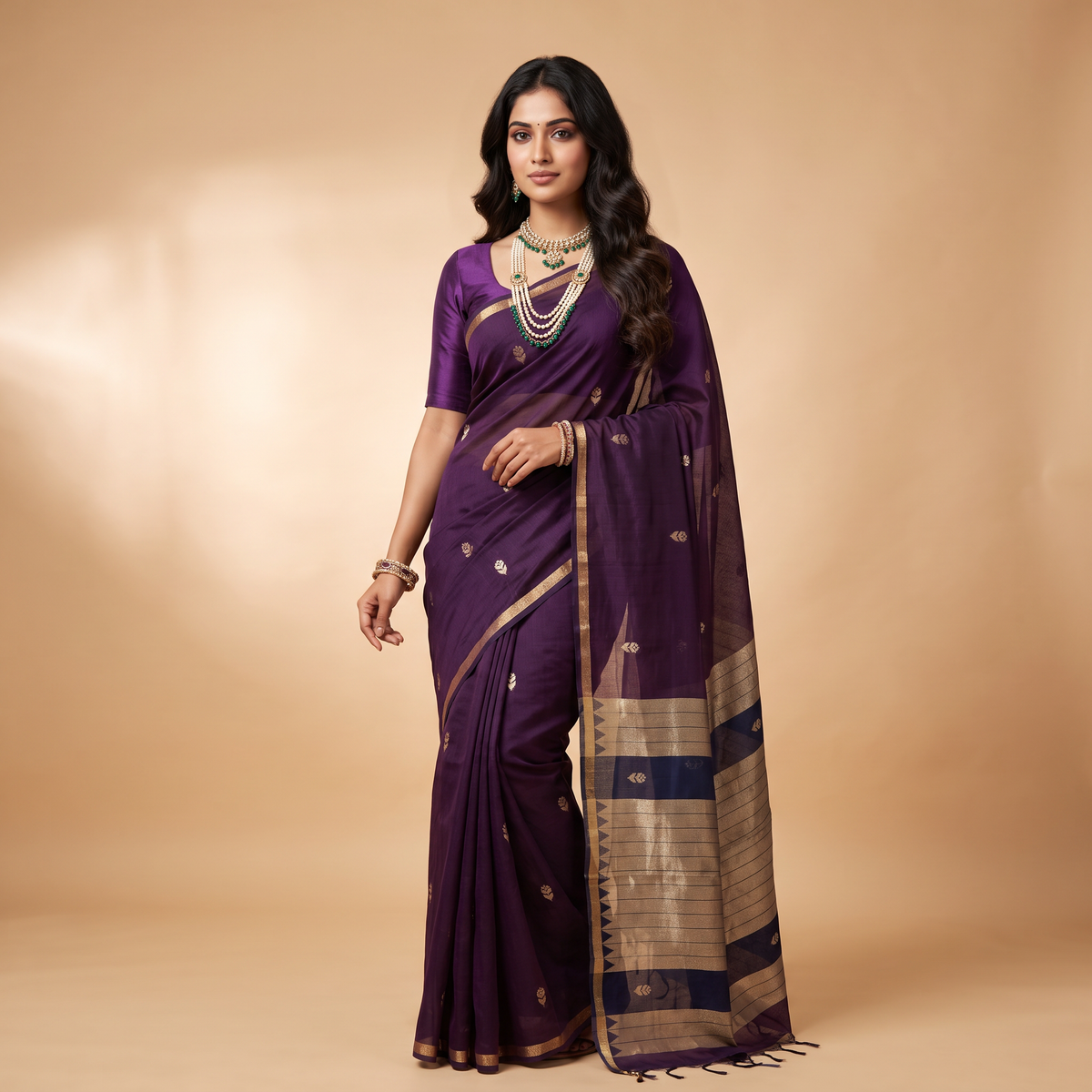 Women's Traditional Chanderi Cotton Linen Blend Saree with Zari Woven Border & Unstitched Blouse Piece.