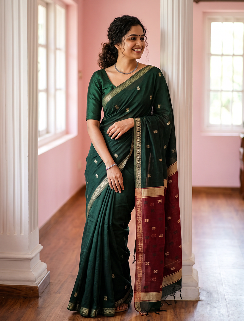 Women's Maheshwari Cotton Blend Woven Zari Saree with Unstitched Blouse Piece.