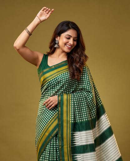 Women's Synthetic Silk Blend Checked Saree with Contrast Border & Unstitched Blouse Piece.
