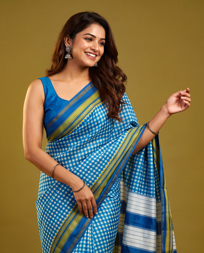 Women's Synthetic Silk Blend Checked Saree with Contrast Border & Unstitched Blouse Piece.