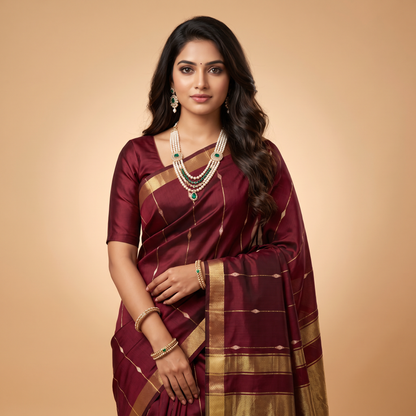 Women's Zari Maheshswari Cotton Blend Zari Woven Saree with Unstitched Blouse Piece.