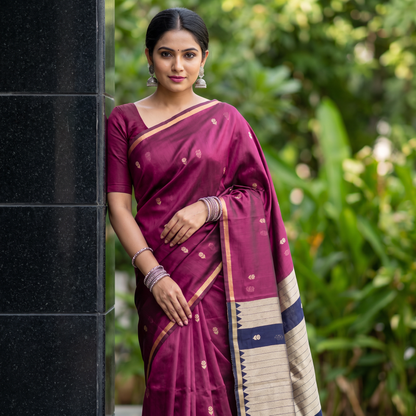 Women's Traditional Chanderi Cotton Linen Blend Saree with Zari Woven Border & Unstitched Blouse Piece.
