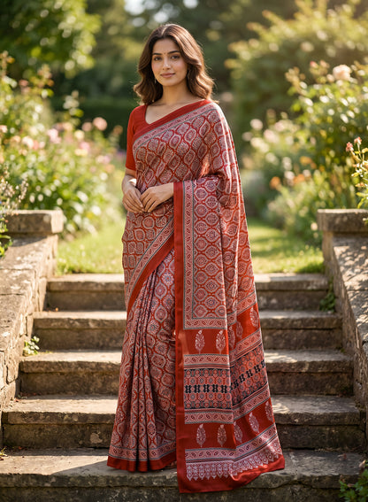 Women's Traditional Floral Block Printed Art Silk Saree with Unstitched Blouse Piece.
