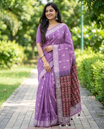 Women's Woven Design Linen Cotton Blend Saree with Unstitched Blouse Piece.