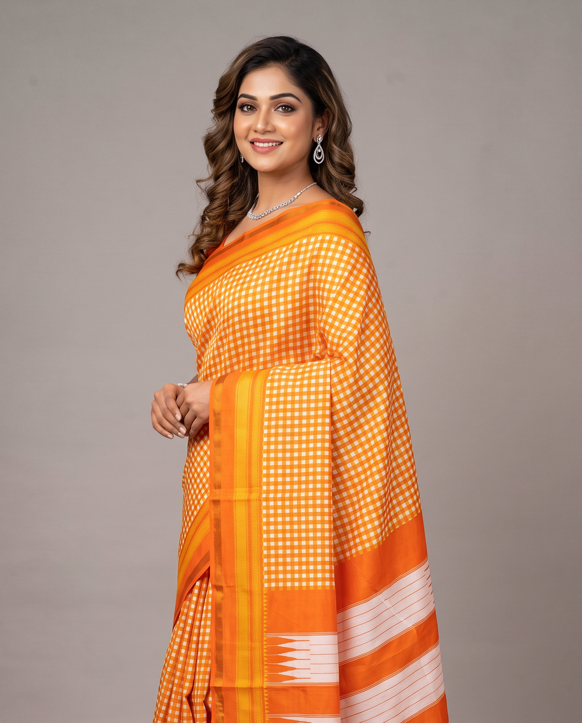Women's Synthetic Silk Blend Checked Saree with Contrast Border & Unstitched Blouse Piece.