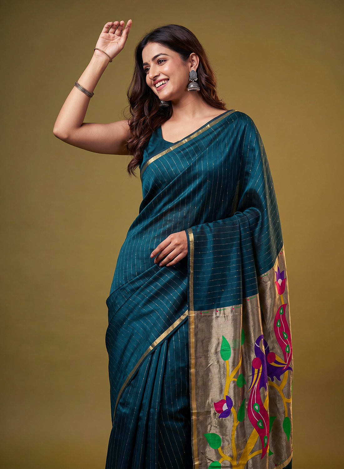 Women's Paithani Style Woven Linen Cotton Saree with Unstitched Blouse Piece.