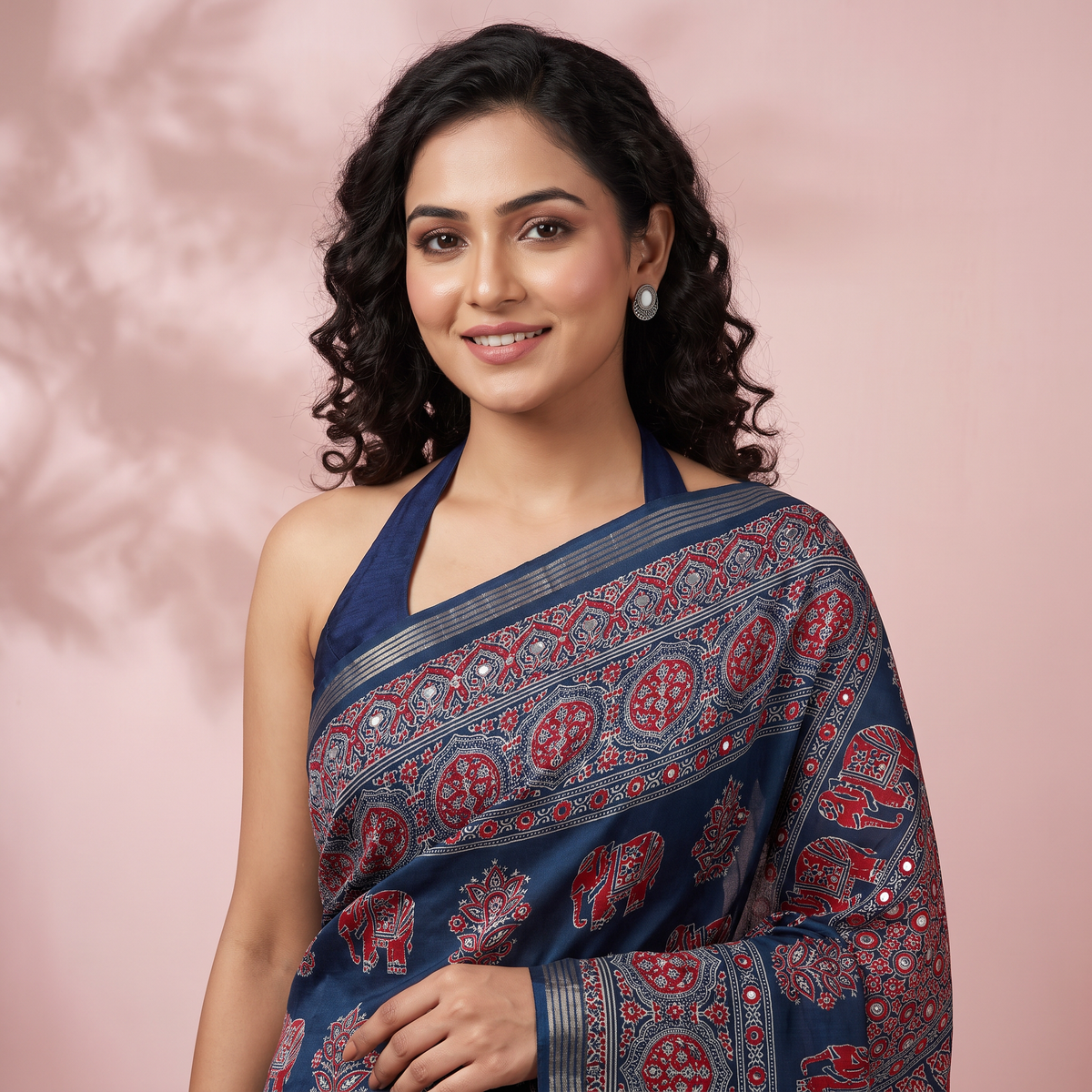 Shri Hari Sarees Women's Ethnic Ajrakh Mirror Printed Art Silk Saree with Unstitched Blouse Piece.