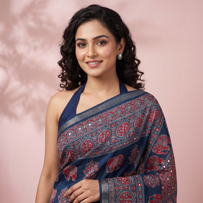 Shri Hari Sarees Women's Ethnic Ajrakh Mirror Printed Art Silk Saree with Unstitched Blouse Piece.