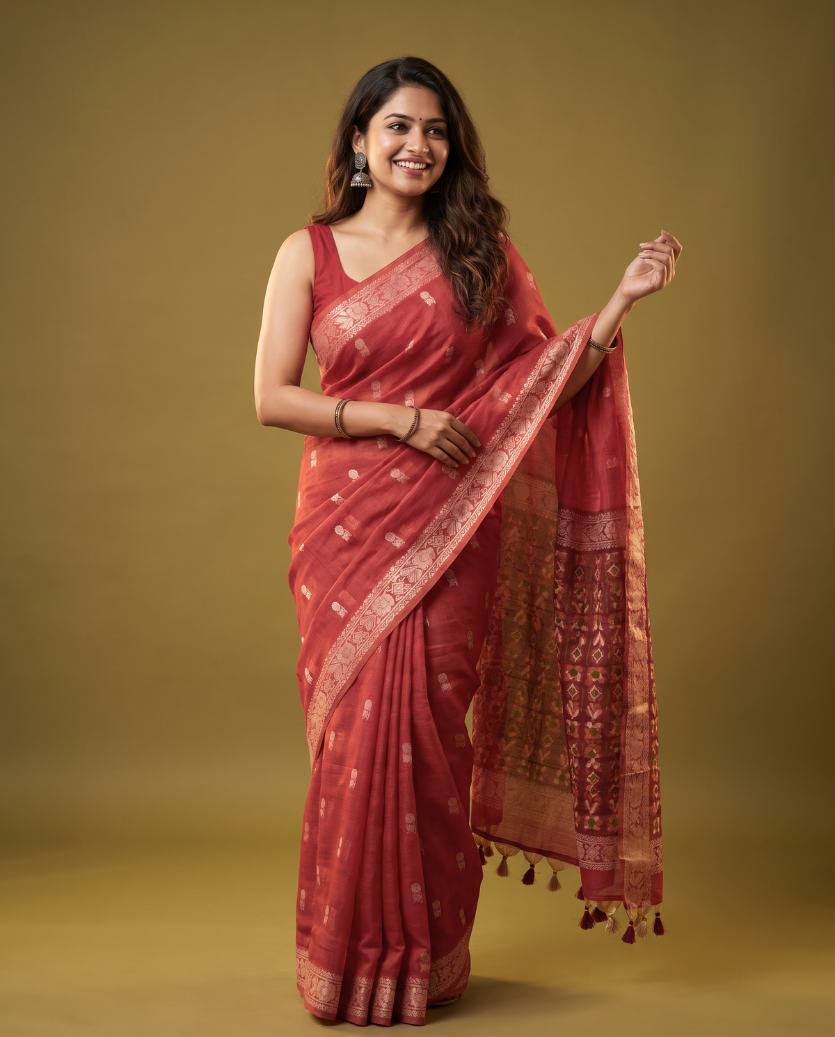 Women's Woven Design Linen Cotton Blend Saree with Unstitched Blouse Piece.