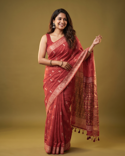 Women's Woven Design Linen Cotton Blend Saree with Unstitched Blouse Piece.