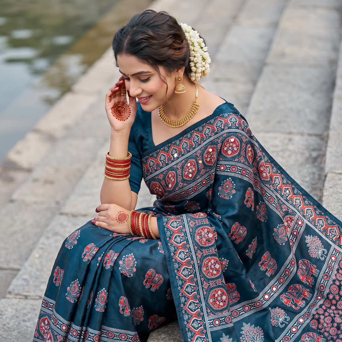 Shri Hari Sarees Women's Ethnic Ajrakh Mirror Printed Art Silk Saree with Unstitched Blouse Piece.
