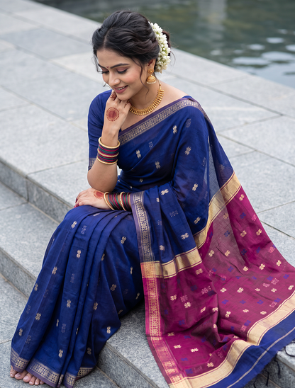 Women's Maheshwari Cotton Blend Woven Zari Saree with Unstitched Blouse Piece.