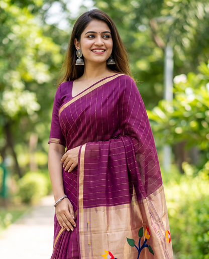 Women's Paithani Silk Blend Saree with Zari Woven Striped Lines and Peacock Floral Pallu including Unstitched Blouse Piece.