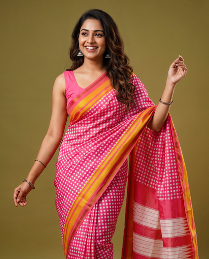 Women's Synthetic Silk Blend Checked Saree with Contrast Border & Unstitched Blouse Piece.