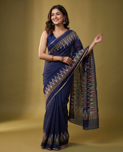 Women's Cotton Blend Ikat Print Saree with Unstitched Blouse Piece.