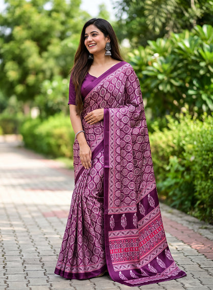 Women's Traditional Floral Block Printed Art Silk Saree with Unstitched Blouse Piece.