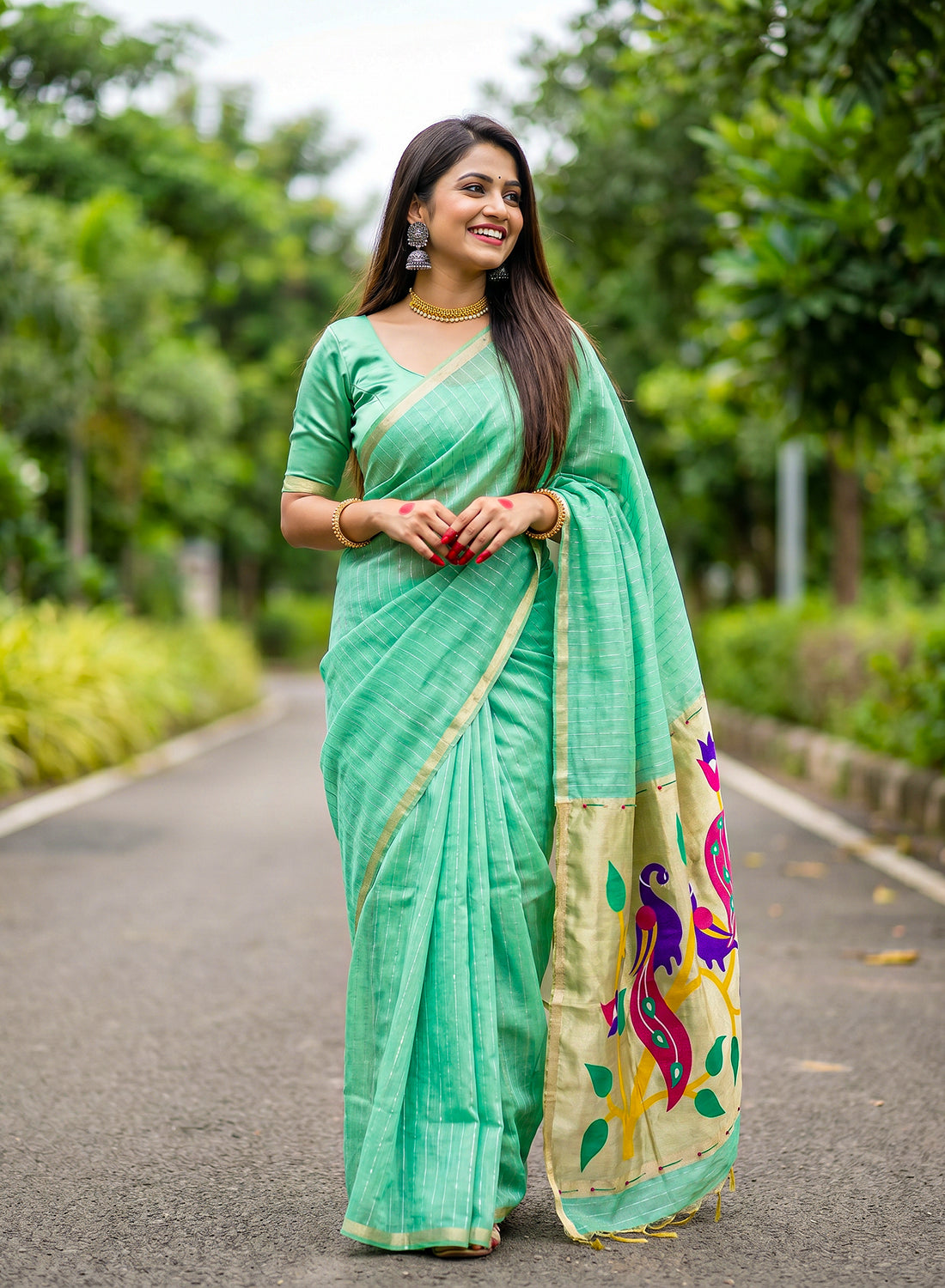 Women's Paithani Style Woven Linen Cotton Saree with Unstitched Blouse Piece.