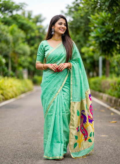 Women's Paithani Style Woven Linen Cotton Saree with Unstitched Blouse Piece.