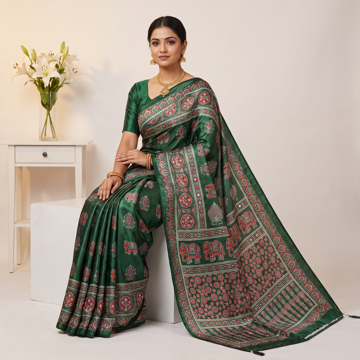 Shri Hari Sarees Women's Ethnic Ajrakh Mirror Printed Art Silk Saree with Unstitched Blouse Piece.