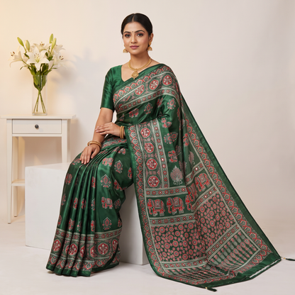 Shri Hari Sarees Women's Ethnic Ajrakh Mirror Printed Art Silk Saree with Unstitched Blouse Piece.