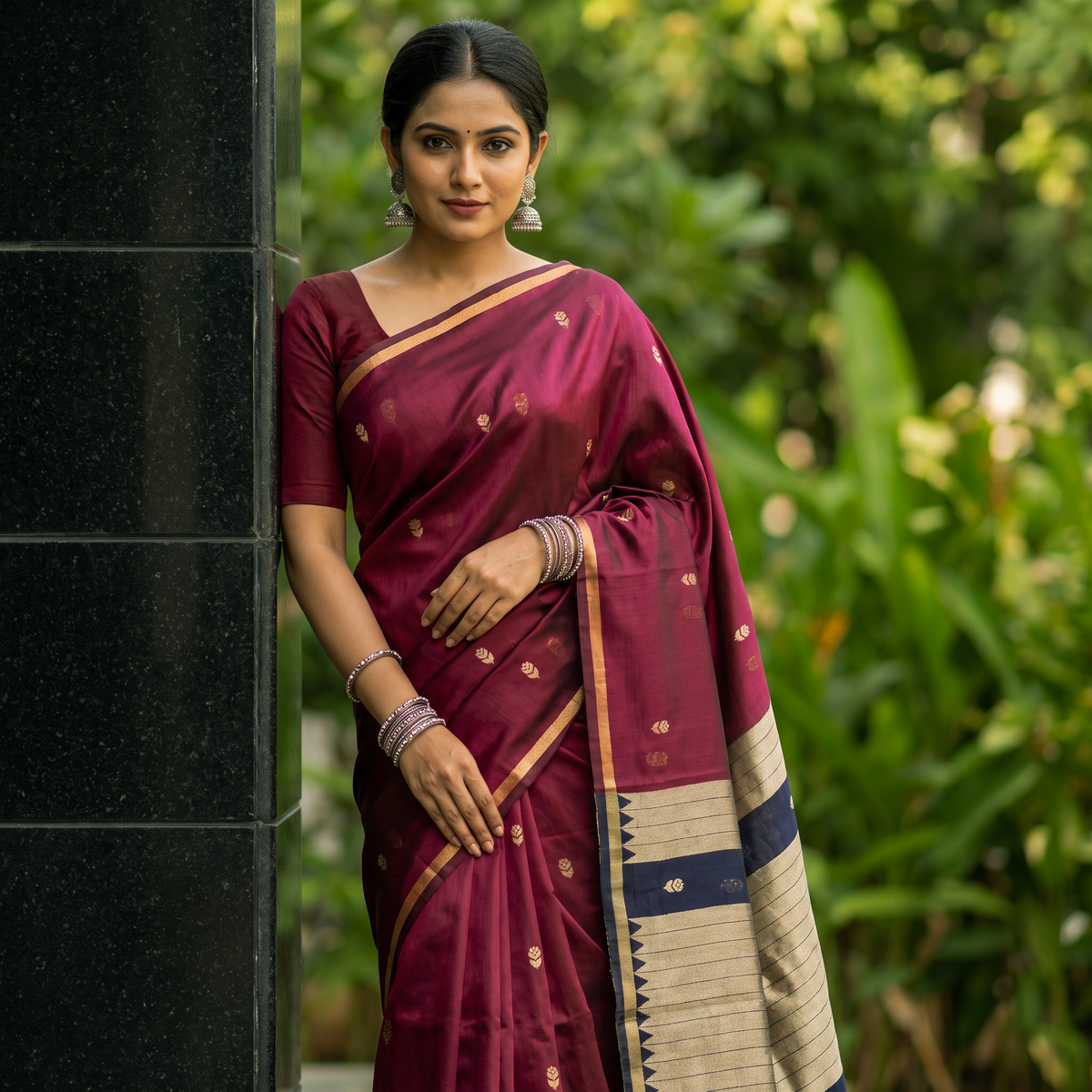 Women's Traditional Chanderi Cotton Linen Blend Saree with Zari Woven Border & Unstitched Blouse Piece.