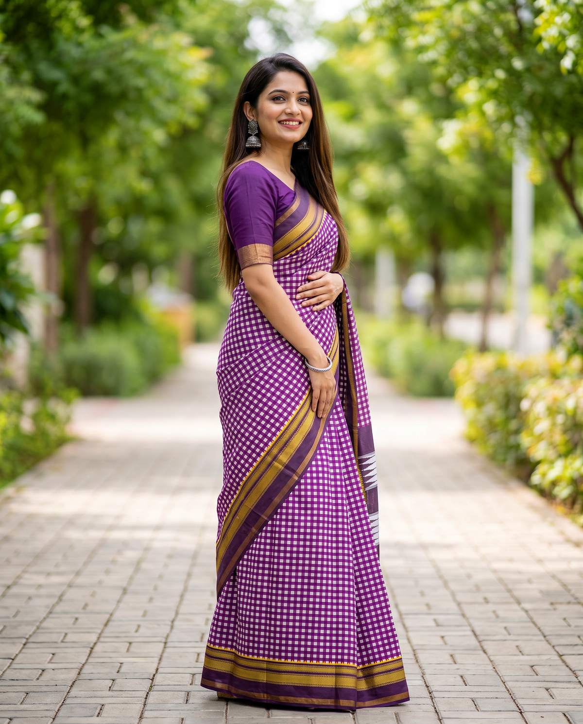 Women's Synthetic Silk Blend Checked Saree with Contrast Border & Unstitched Blouse Piece.