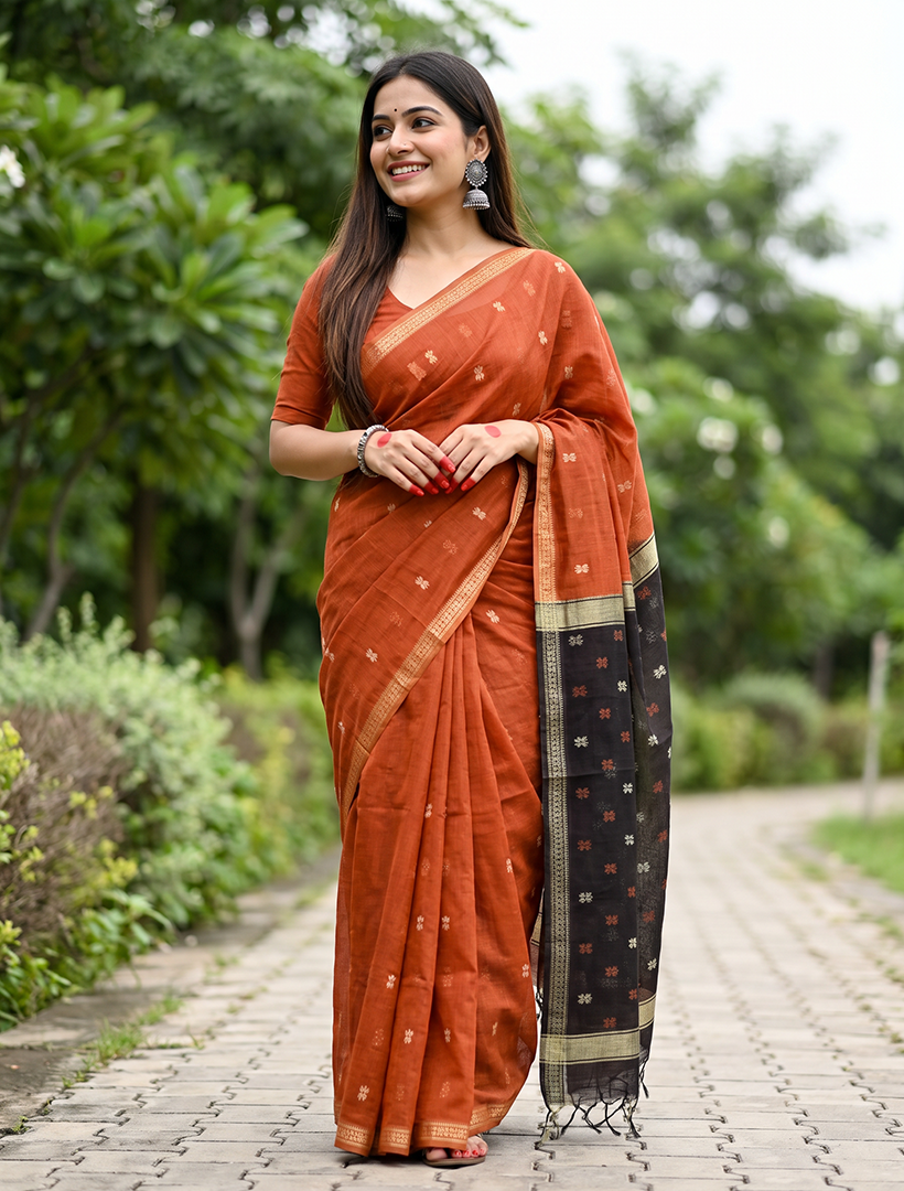 Women's Maheshwari Cotton Blend Woven Zari Saree with Unstitched Blouse Piece.