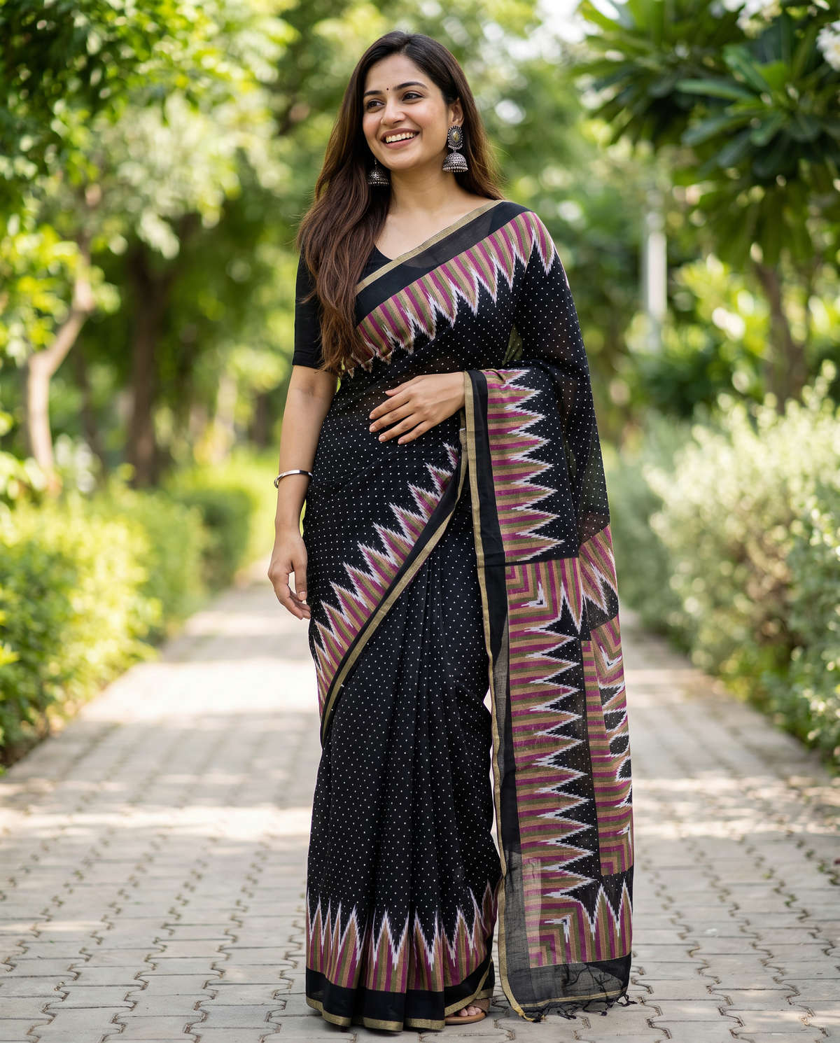 Women's Cotton Blend Ikat Print Saree with Unstitched Blouse Piece.