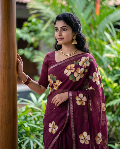 Women's Floral Hand Printed Dull Moss Saree with Unstitched Blouse Piece.