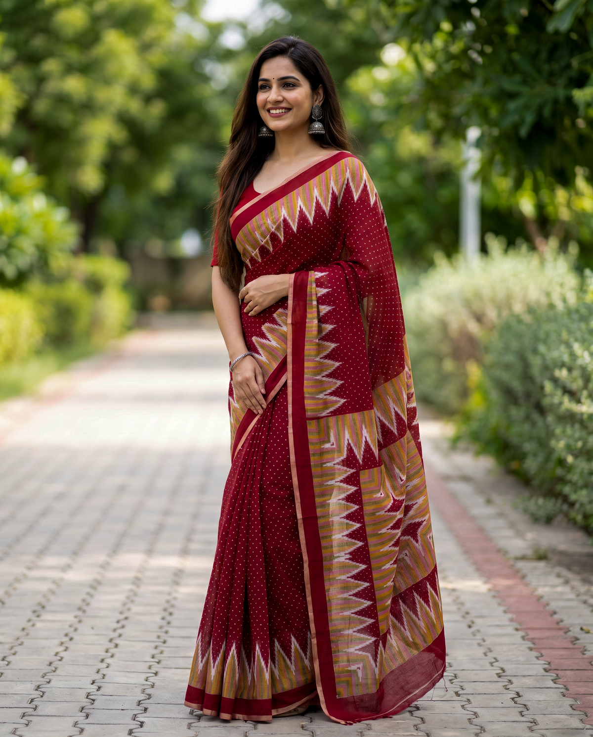 Women's Cotton Blend Ikat Print Saree with Unstitched Blouse Piece