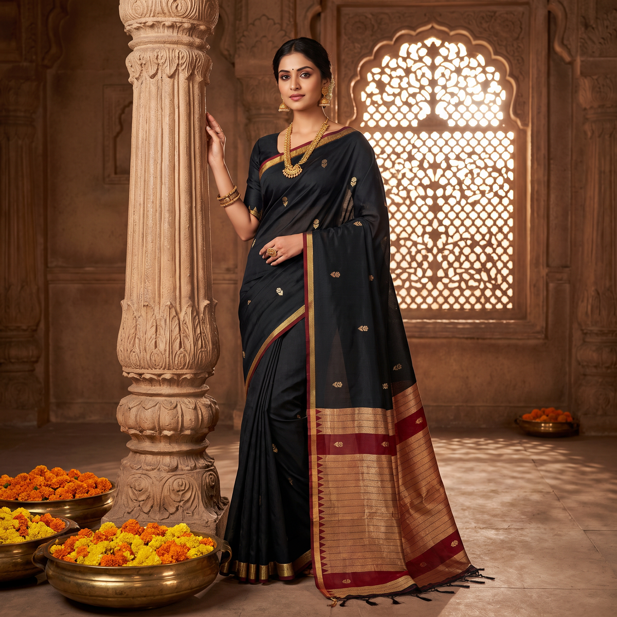 Women's Traditional Chanderi Cotton Linen Blend Saree with Zari Woven Border & Unstitched Blouse Piece.